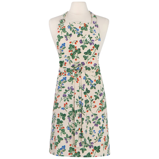 White apron with a berry bush pattern on it on a mannequin 