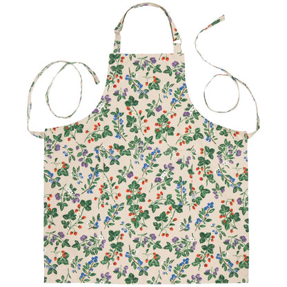 White apron with a berry bush pattern on it on a white background 