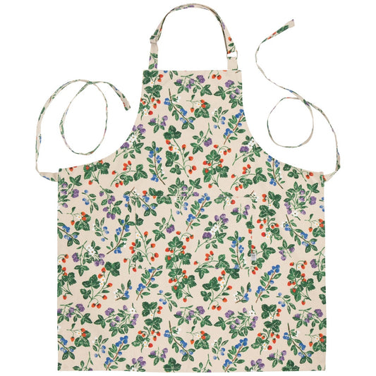White apron with a berry bush pattern on it on a white background 