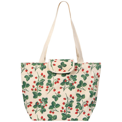 Tote bag with a floral pattern featuring red berries and green leaves on a white background