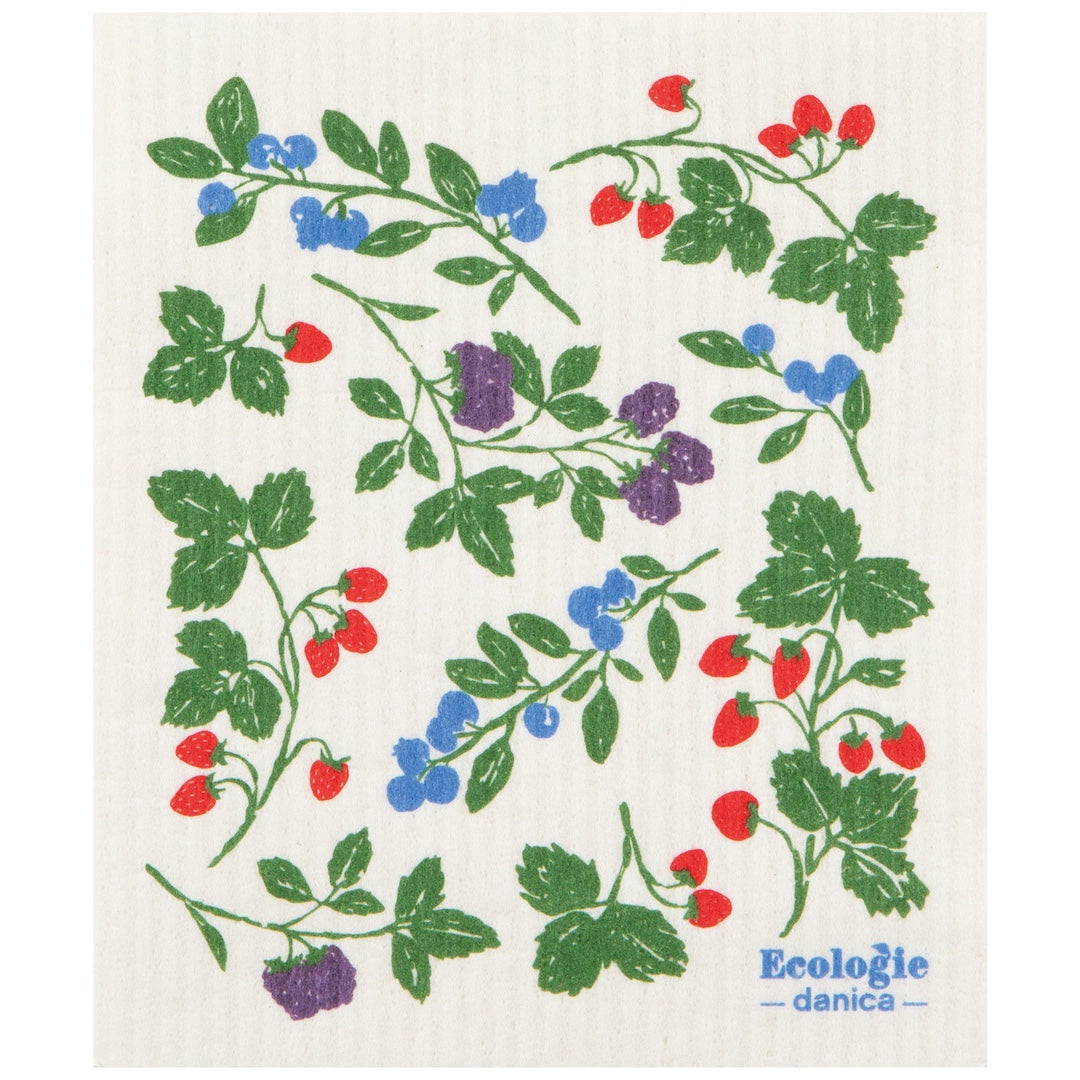 white Swedish dishcloth with colorful berry design 
