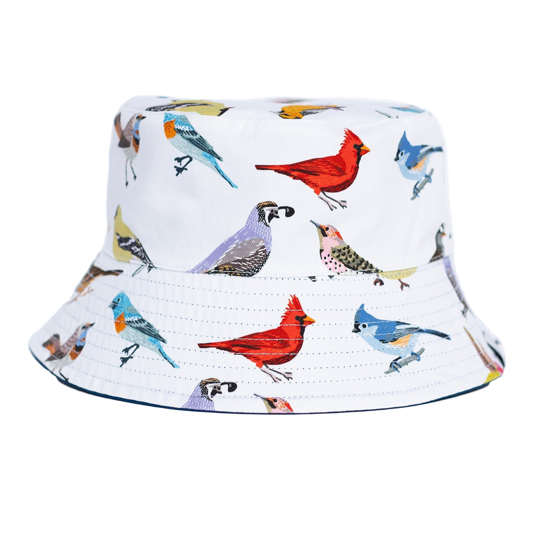 Bucket hat with colorful bird pattern on a white background