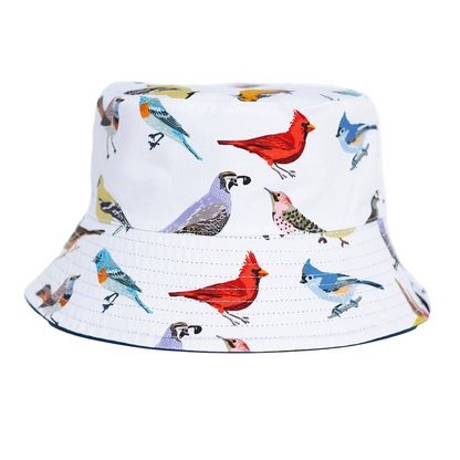 Bucket hat with colorful bird pattern on a white background