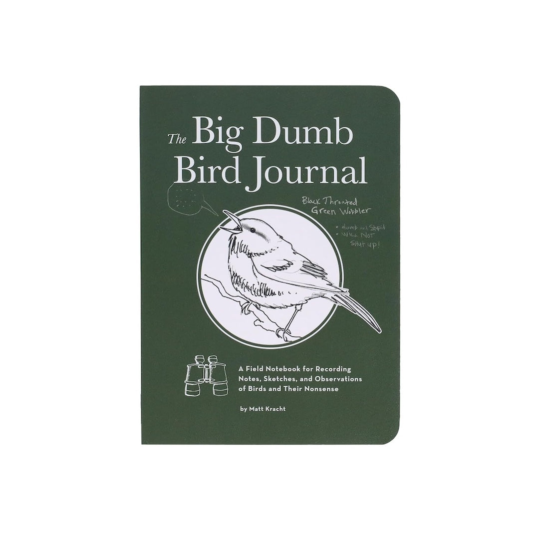 The Big Dumb Bird Journal notebook by Matt Knaut, featuring a dark green cover with white text and a black-and-white sketch of a bird on a branch.
