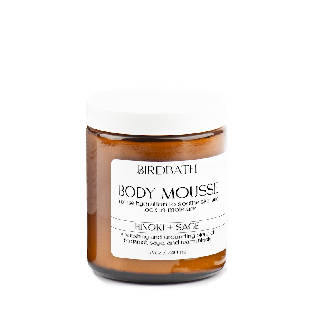 Jar of Birdbath Hinonki and sage Body Mousse with Hinoki + Sage scent on a white background