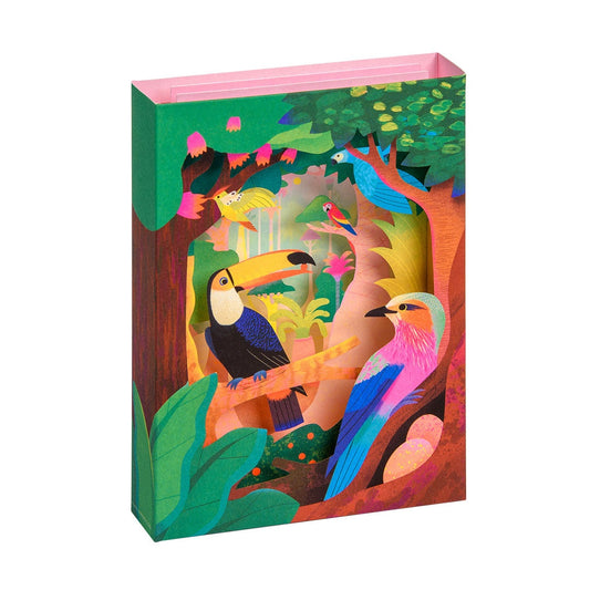 Colorful 3D greeting card with bird illustration on a white background