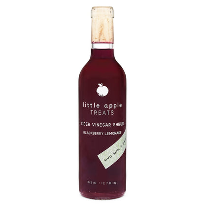 Bottle of 'little apple treats' cider vinegar blackberry lemonade flavored shrub on a white background