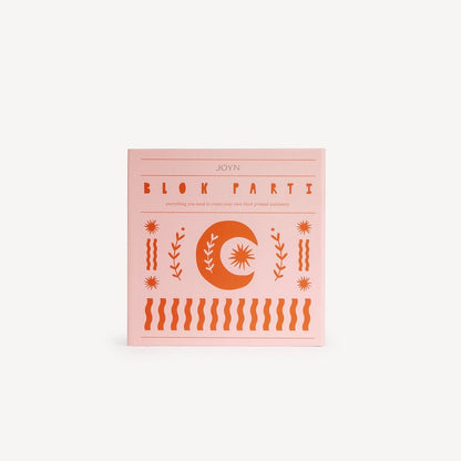 A square pink box with orange bohemian-style illustrations and the text 'JOYN BLOK PARTY' on a light gray background.
