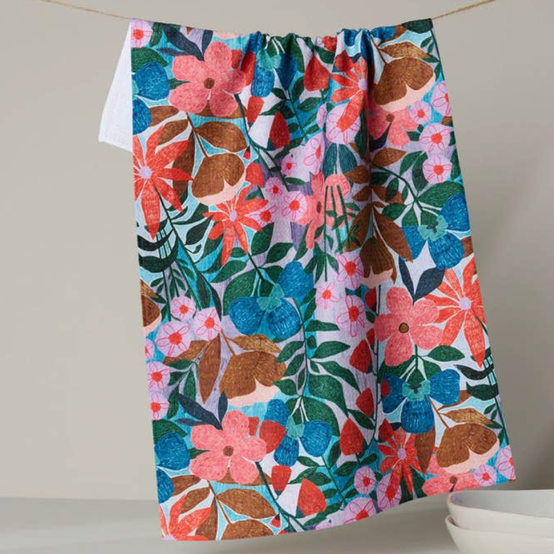 dishtowel with bright floral pattern