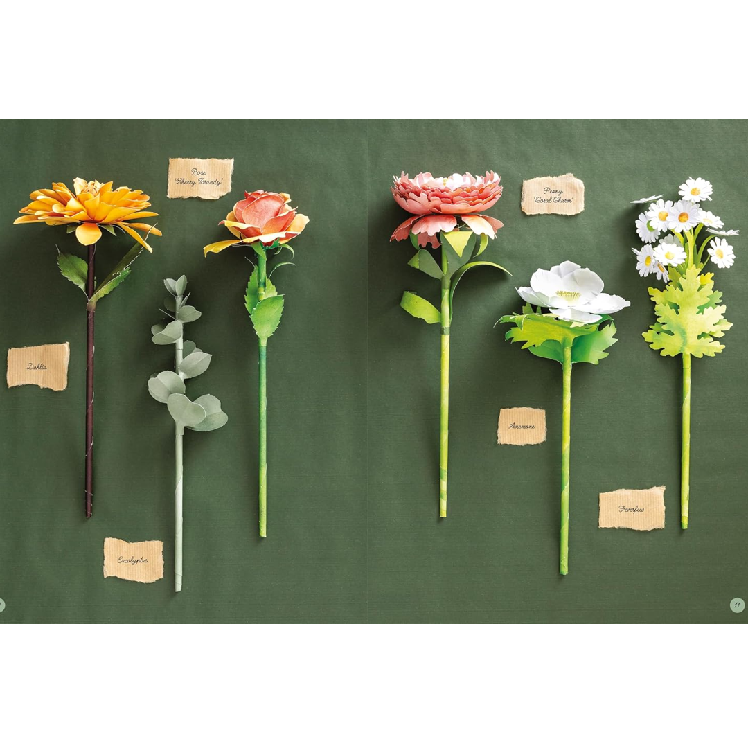 Six artificial paper flowers with green stems are arranged on a dark green chalkboard background, each with a small handwritten label card. The flowers include yellow, peach, coral, white, and daisy varieties.