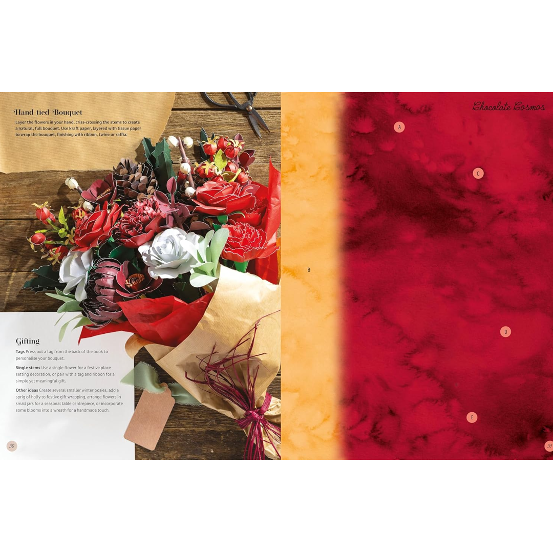 A styled floral arrangement page showing a bouquet of red, burgundy, white, and green flowers wrapped in red and kraft paper, with text callouts and a large red fabric swatch on the right side.
