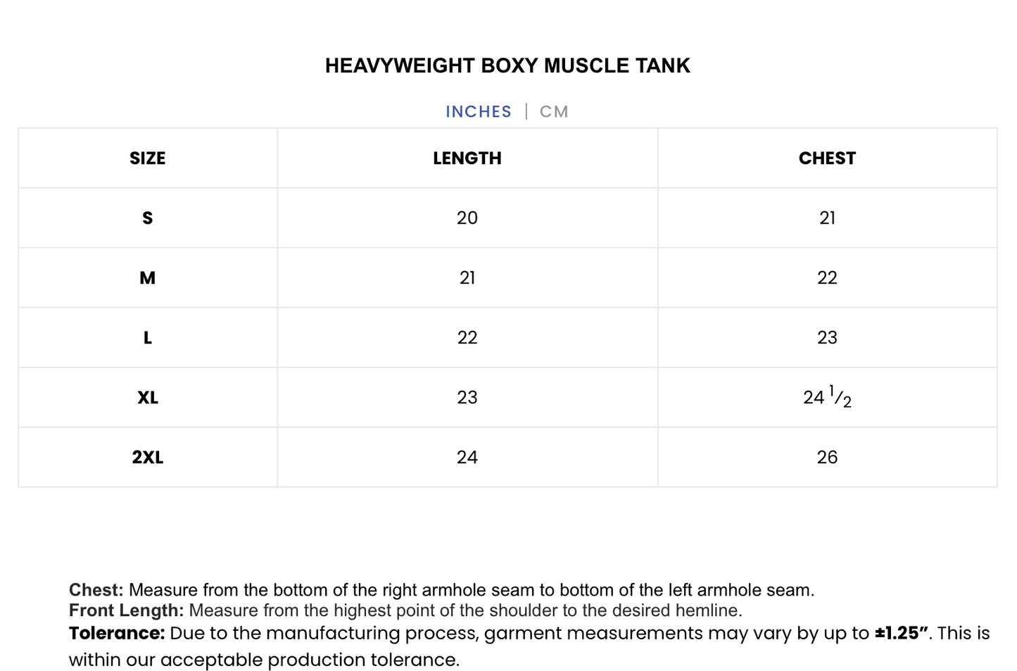A size chart table for a heavyweight boxy muscle tank, showing sizes S through 2XL with length and chest measurements in inches and centimeters, plus a small block of fit instructions below.
