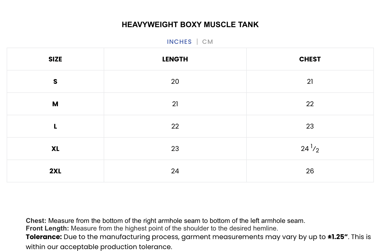 A size chart table for a heavyweight boxy muscle tank, showing sizes S through 2XL with length and chest measurements in inches and centimeters, plus a small block of fit instructions below.