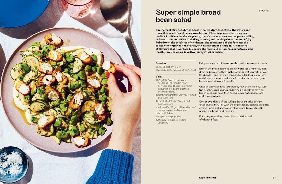 Plate of broad bean salad with a hand holding a spoon, recipe text on the side.
