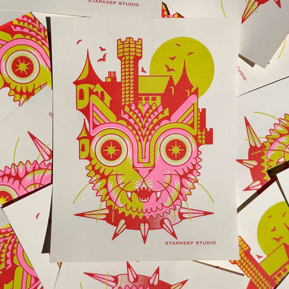 a colorful illustration of a creature with a castle on its head