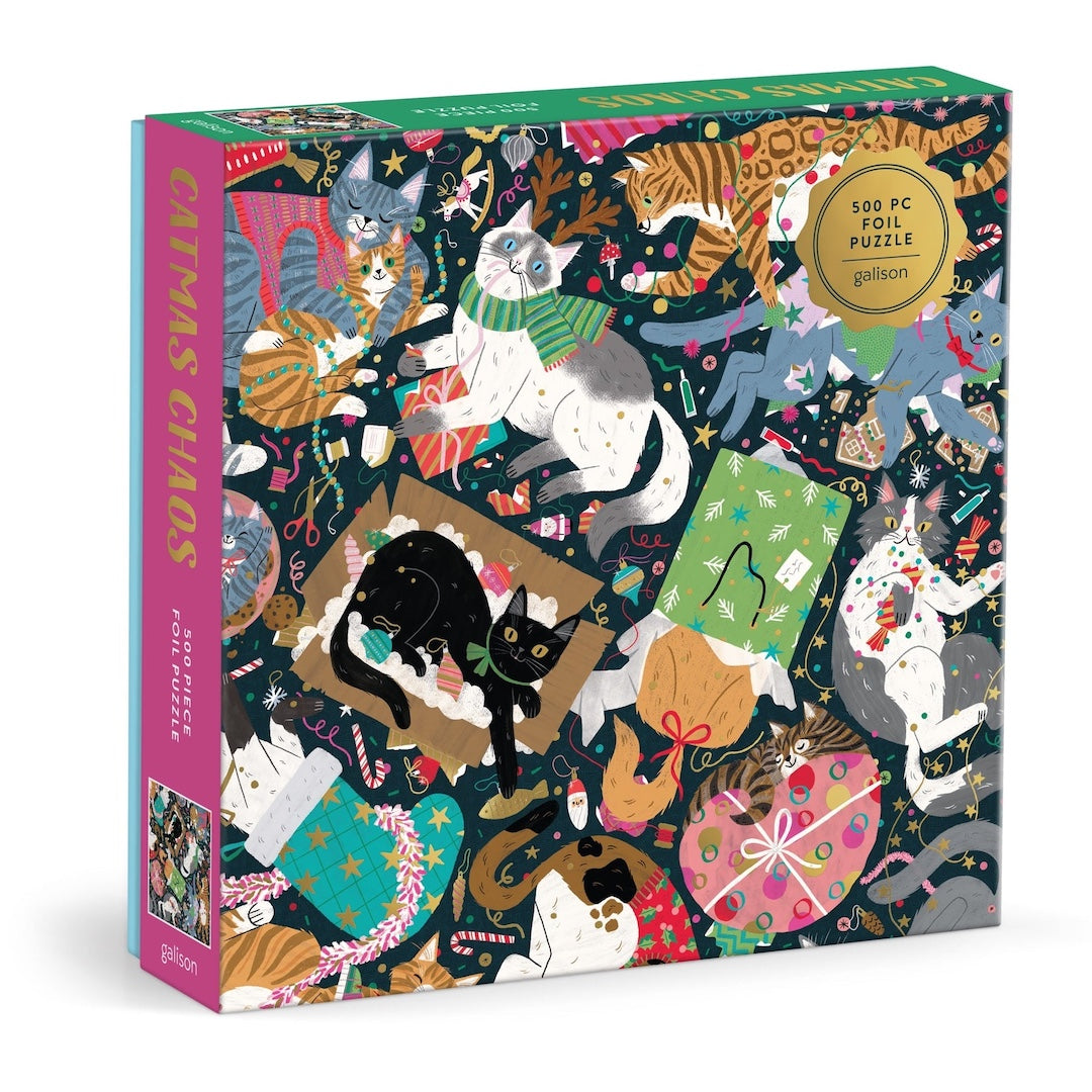 Puzzle box with colorful cat illustrations on a white background