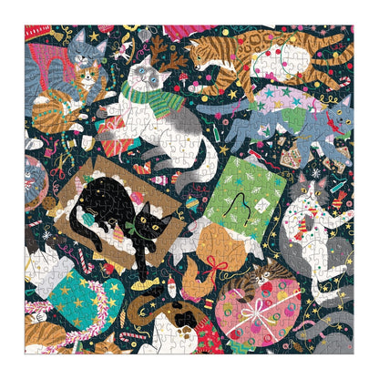 Jigsaw puzzle with a colorful design of cats and holiday gifts and stockings on a dark background