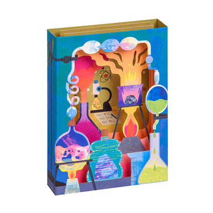 colorful 3D greeting card featuring a chemistry set
