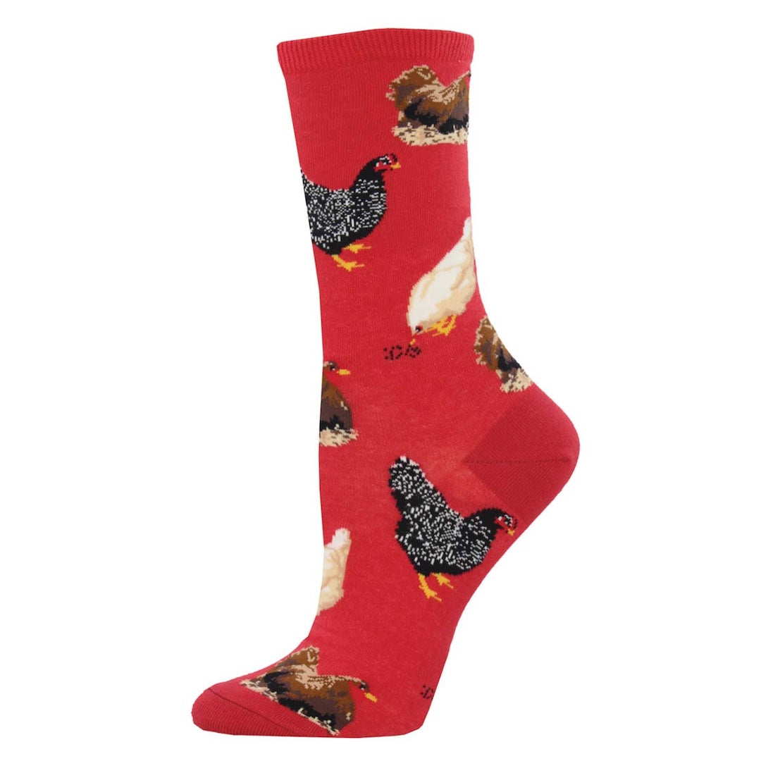 Red sock with chicken pattern on a white background