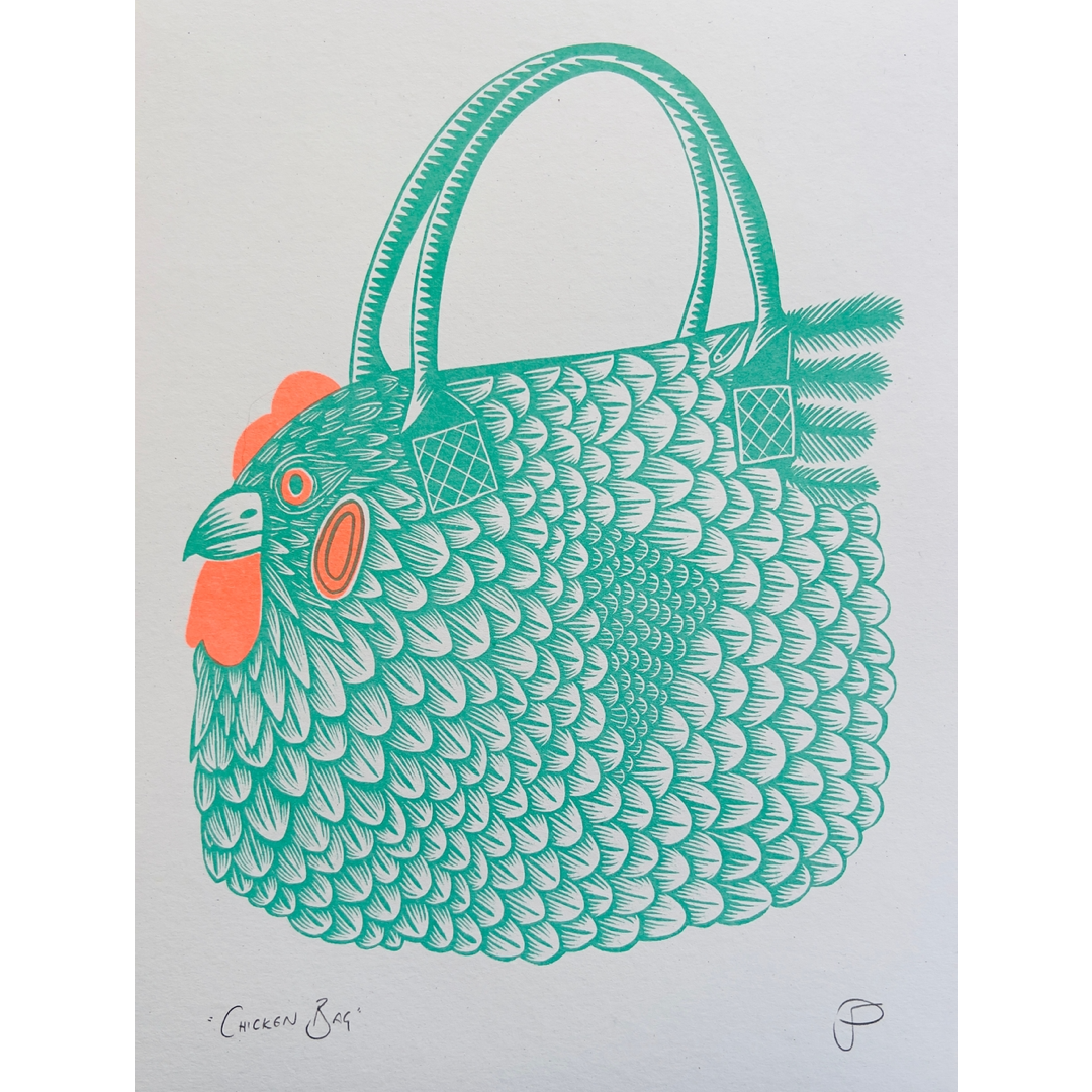 A stylized turquoise and orange chicken-shaped handbag illustration on a light gray background, and a monogram at the bottom right.