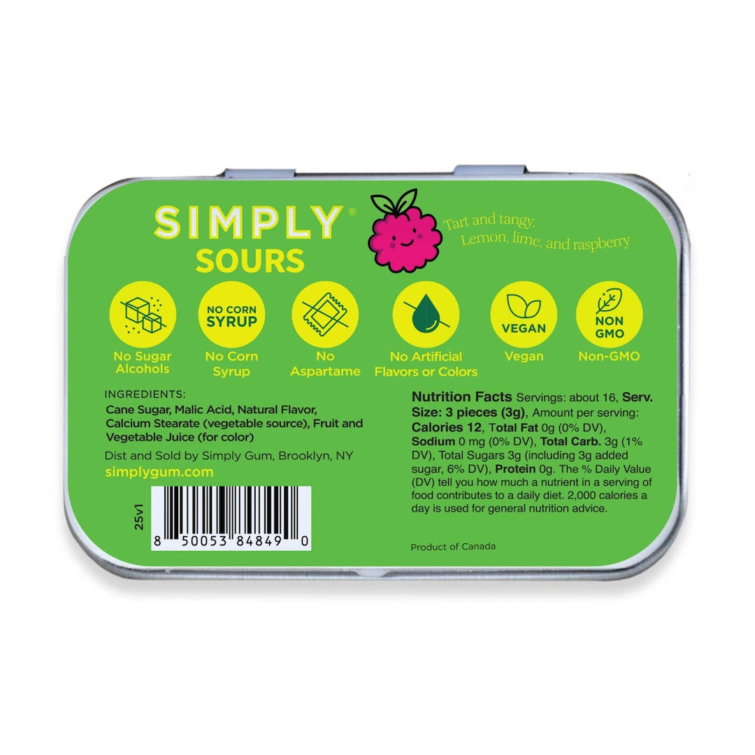 Green container of Simply Sours with nutritional information and branding details.