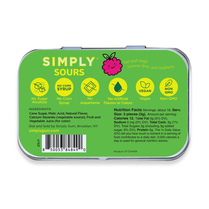 Green container of Simply Sours with nutritional information and branding details.
