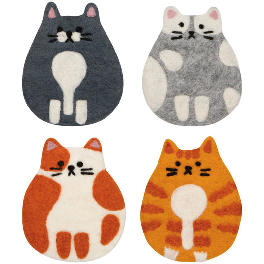 4 felt cat shaped coasters. One cat is dark grey and white, one is light grey with spots, one is white with orange spots, and the last one is an orange tabby