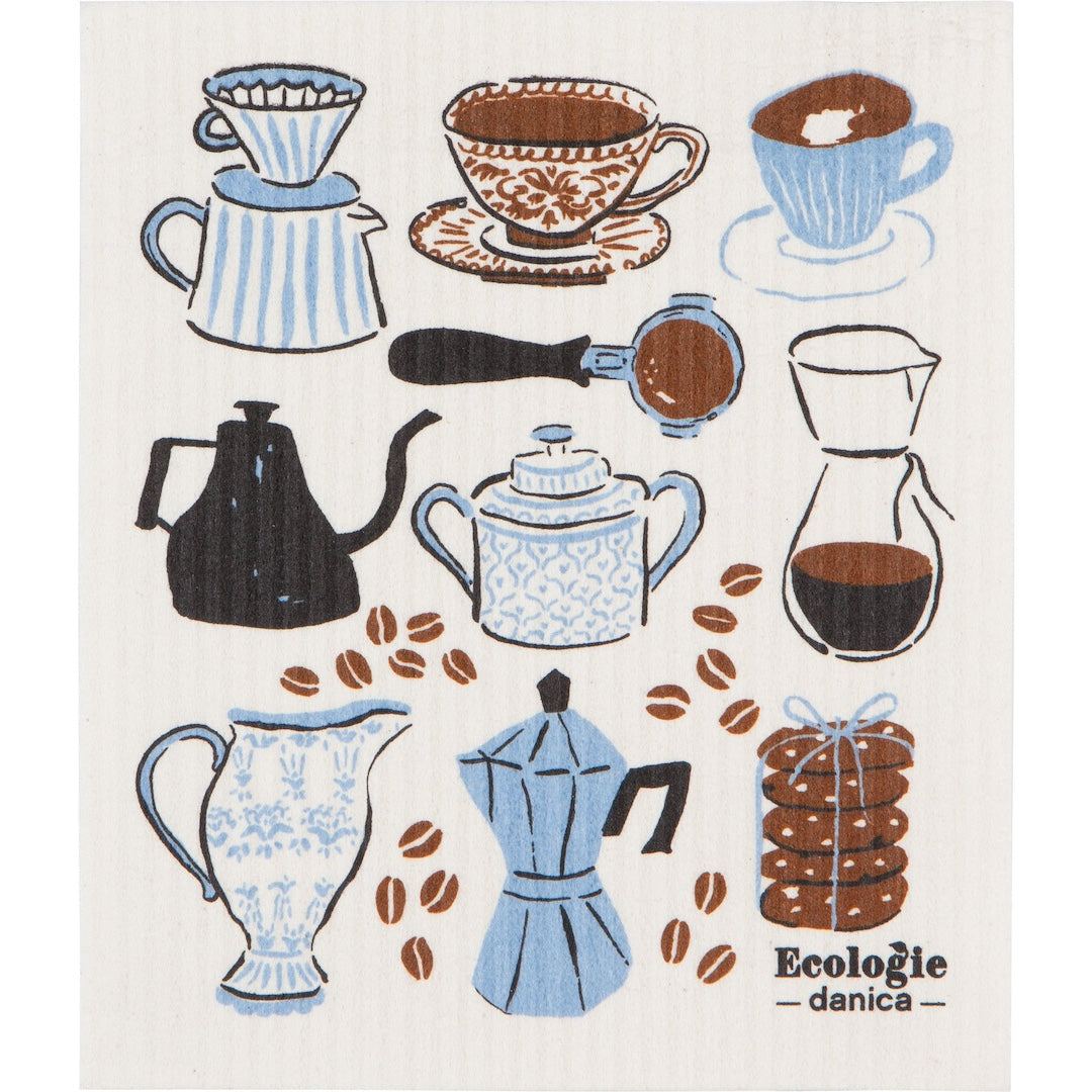 Swedish dishcloth with coffee-themed illustrations 