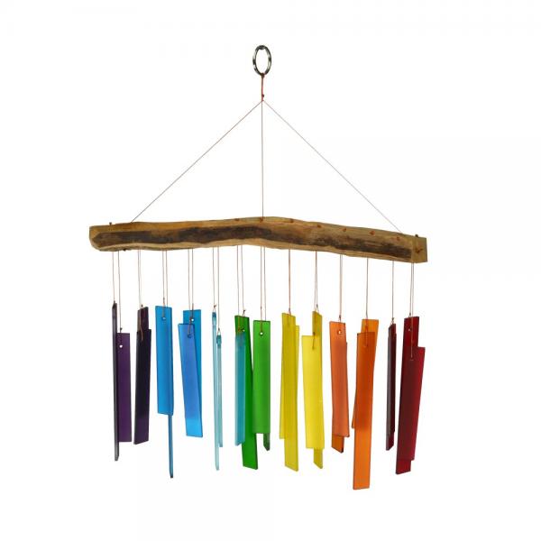 Colorful wind chime with wooden base on a white background