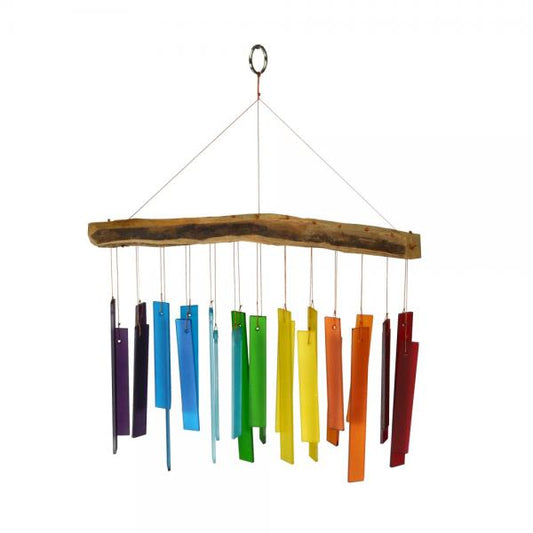 Colorful wind chime with wooden base on a white background