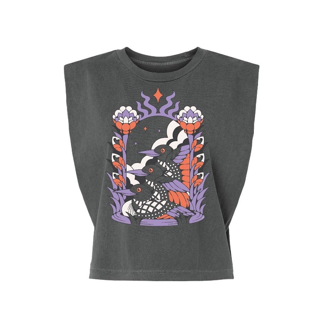 A dark gray sleeveless crop top featuring a colorful graphic print of two stylized ducks with purple, orange, and white details, displayed on a clean white background.