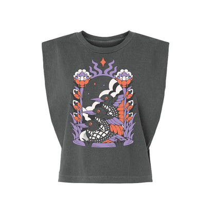 A dark gray sleeveless crop top featuring a colorful graphic print of two stylized ducks with purple, orange, and white details, displayed on a clean white background.