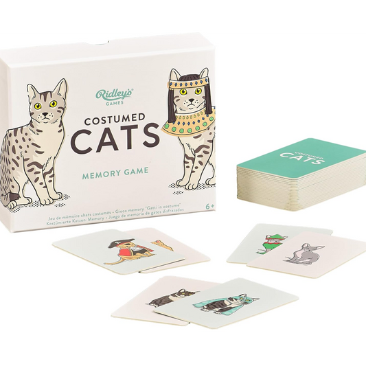 Ridley's Games Costumed Cats Memory Game shown with its illustrated box, a stack of cards, and several sample cards on a clean white background.