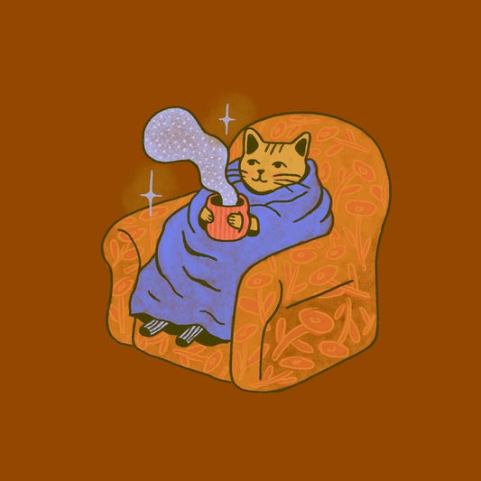 Illustration of a cat sitting on a chair with a mug, wrapped in a blanket, on a brown background.