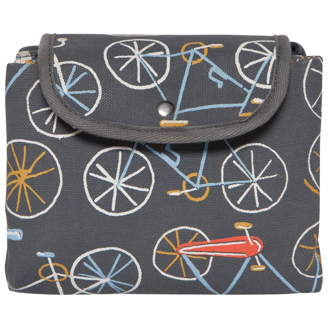 Flap over bag with bicycle pattern on a gray background