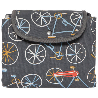 Flap over bag with bicycle pattern on a gray background