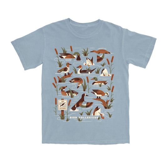 Light blue t-shirt with duck illustrations on a white background