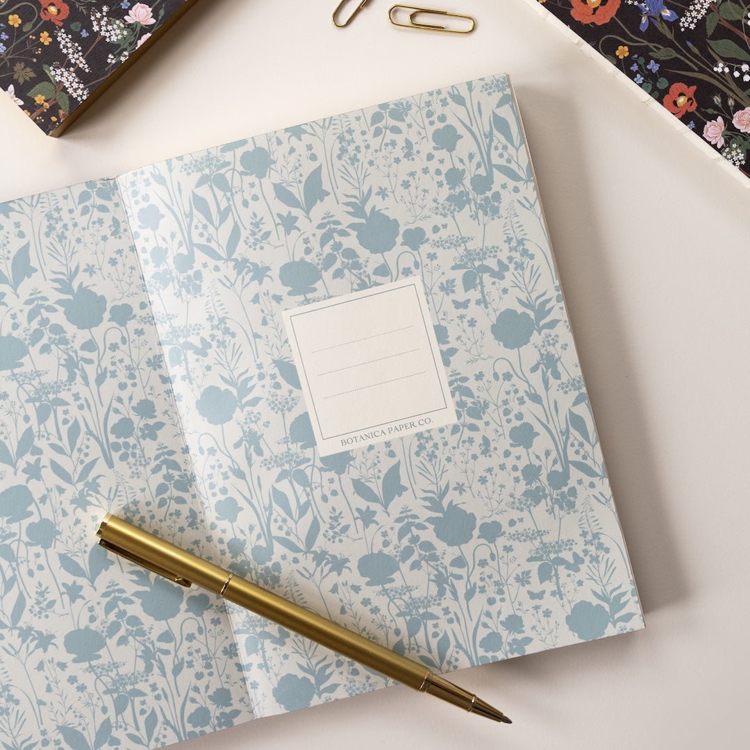 An open notebook. The page has floral inspired pattern outlined and filled in with light blue. In the middle of the page is a box that has 3 lines and "Botanica Paper Co." written at the bottom of the box
