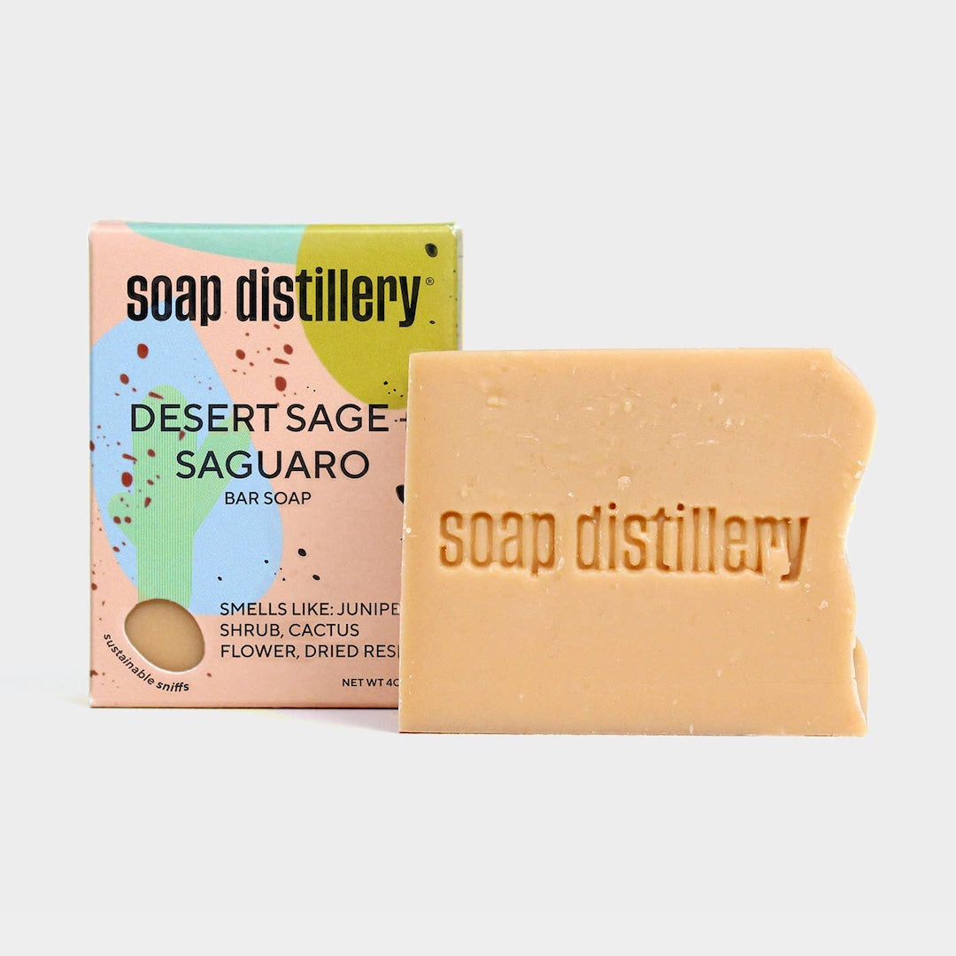 Soap Distillery desert sage suararo bar soap with packaging on a white background