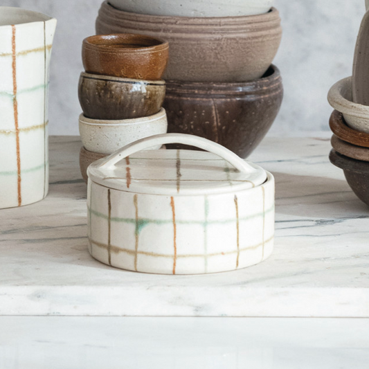 Grid Pattern Stoneware Dish w/Lid