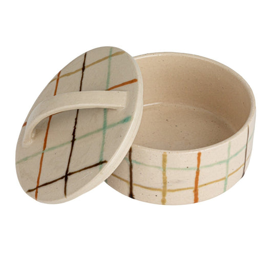 Grid Pattern Stoneware Dish w/Lid