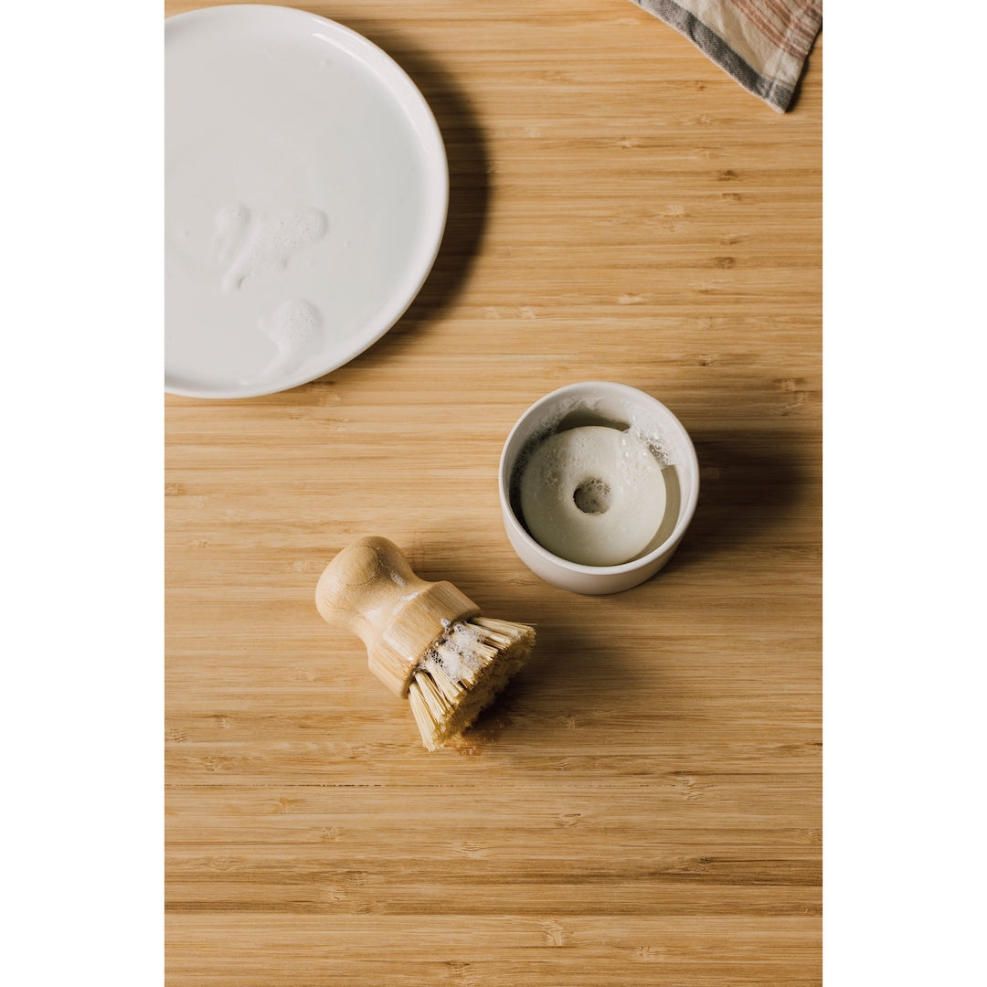 Ceramic bowl with soap in it, small dish brush brush, and plate on a wooden surface