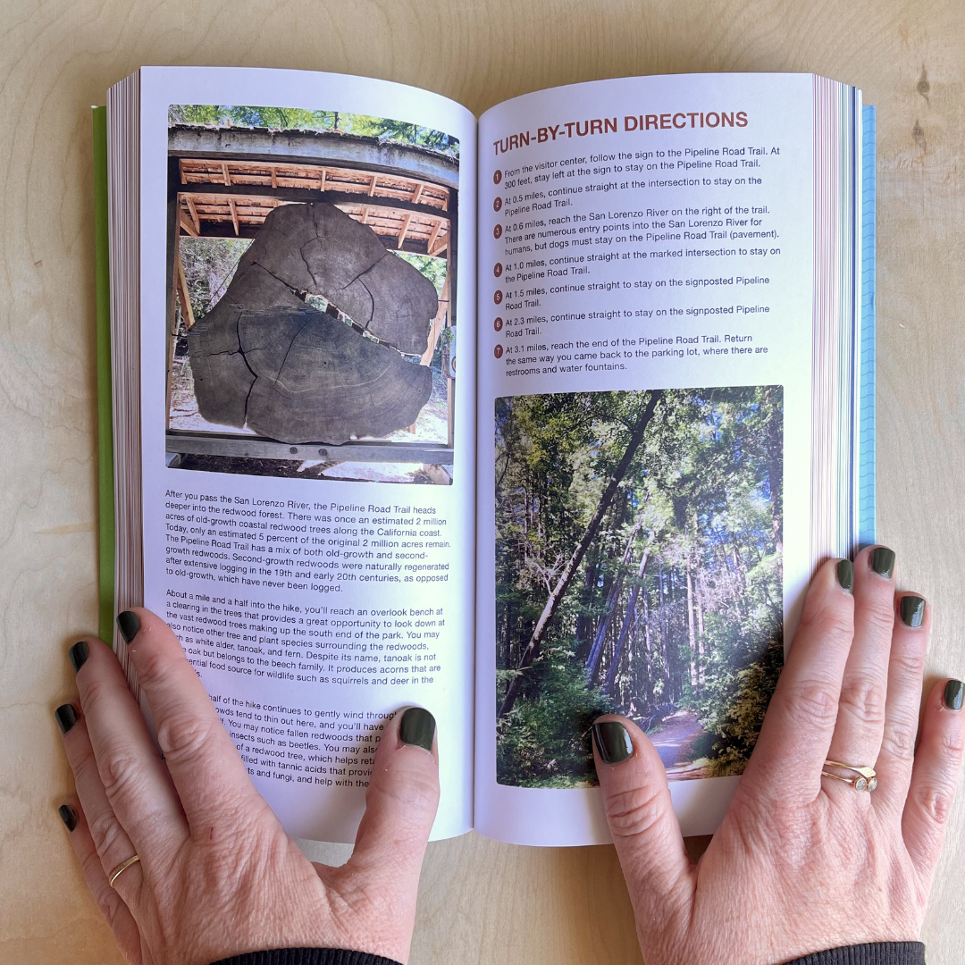 Open book with scenic images and text held by a person on a wooden surface