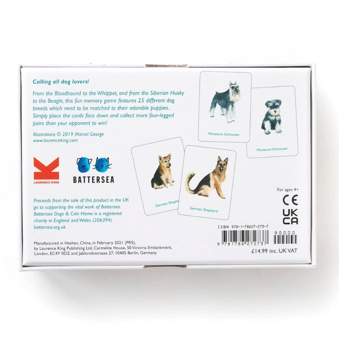 Back of a card game packaging featuring dog breeds
