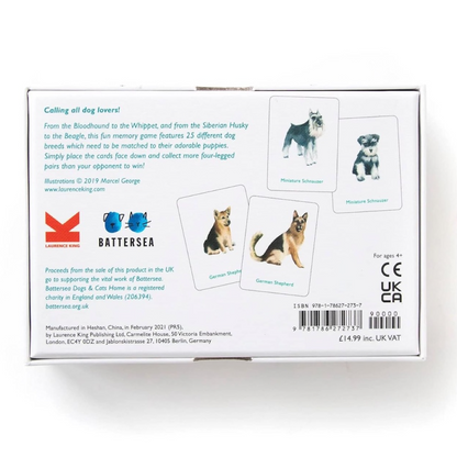 Back of a card game packaging featuring dog breeds