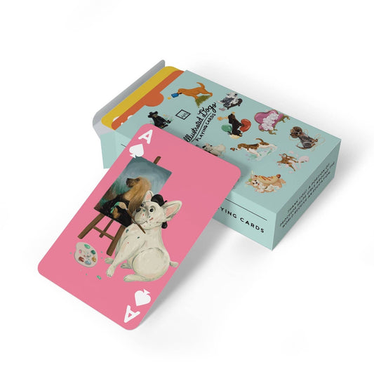 Playing cards with dog illustrations on a white background