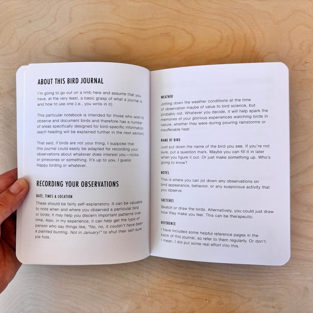 An open bird journal with an explanation on how to use the journal.