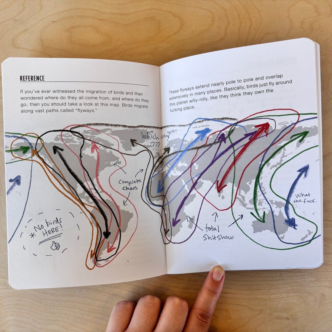 An open bird journal with a reference page with a map showing bird migrations and text discussing them.