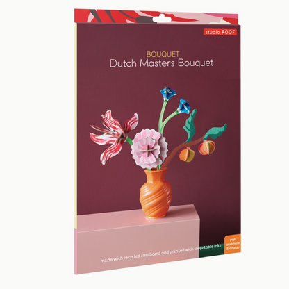 Packaging of 'Dutch Masters Bouquet' by studio ROOF with a floral design on a red background.