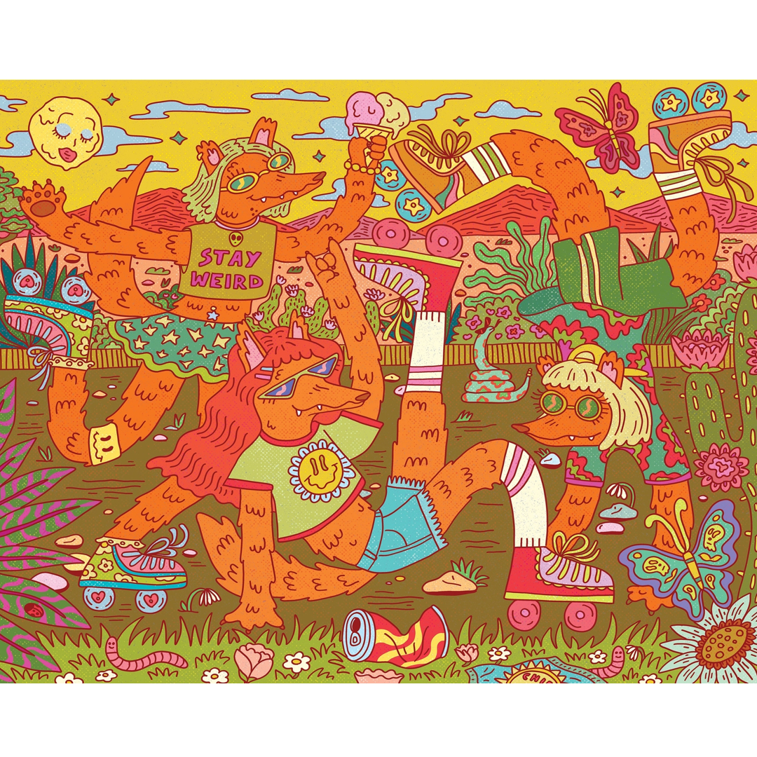 A square jigsaw puzzle featuring a colorful psychedelic illustration of cartoon fox characters in a grassy scene